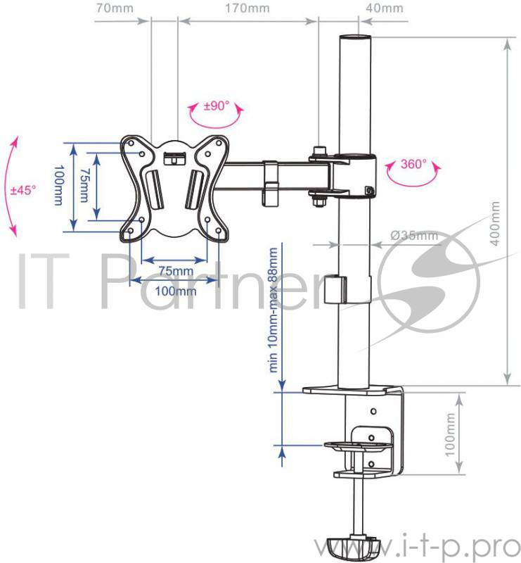 Кронштейн для мониторов Arm Media LCD-T11 черный 15-32 макс.12кг настольный поворот и наклон верт.