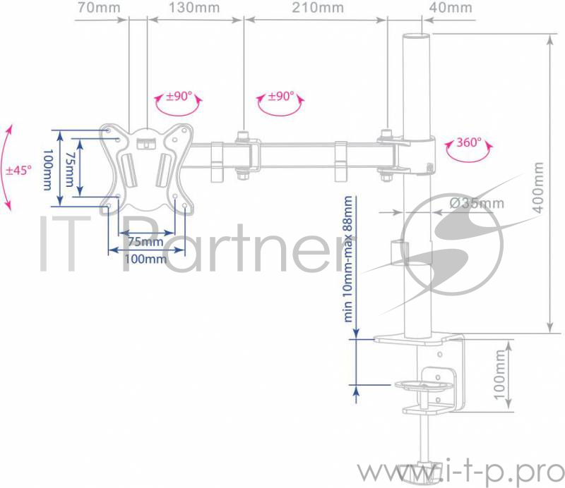 Кронштейн для мониторов Arm Media LCD-T12 черный 15-32 макс.12кг настольный поворот и наклон верт.