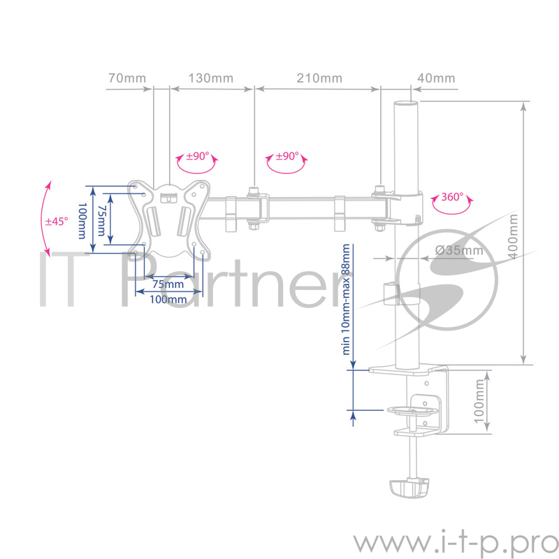 Кронштейн для мониторов Arm Media LCD-T12 черный 15-32 макс.12кг настольный поворот и наклон верт.