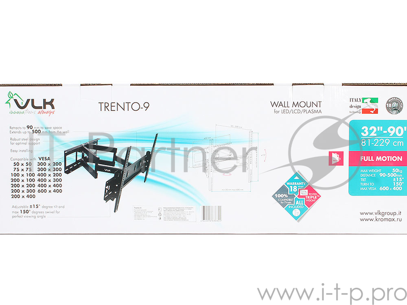 Кронштейн VLK TRENTO-9 черный 32-90 наклонно-поворотный от стены 90-500мм VESA 600х400мм до 50кг