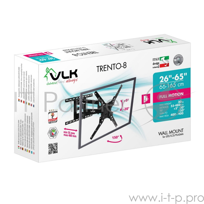 Кронштейн VLK TRENTO-8 черный 26-65 наклонно-поворотный от стены 55-480мм VESA 400х400мм до 30кг