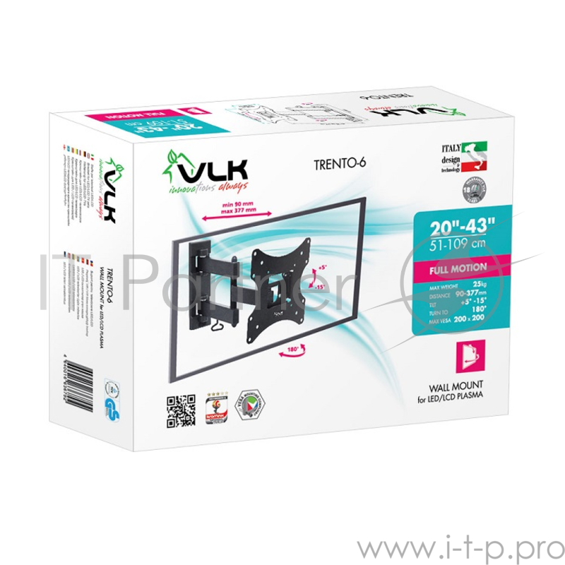 Кронштейн VLK TRENTO-6 черный 20-43 наклонно-поворотный от стены 90-377мм VESA 200х200мм до 25кг