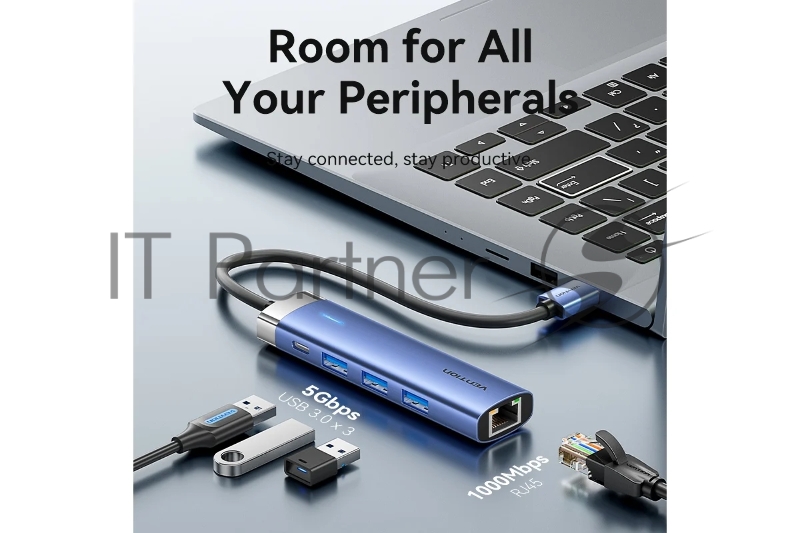 Сетевой адаптер Vention USB 3.0 M/Gigabit Ethernet RJ45+OTG хаб 3xUSB Синий - 0.15м.