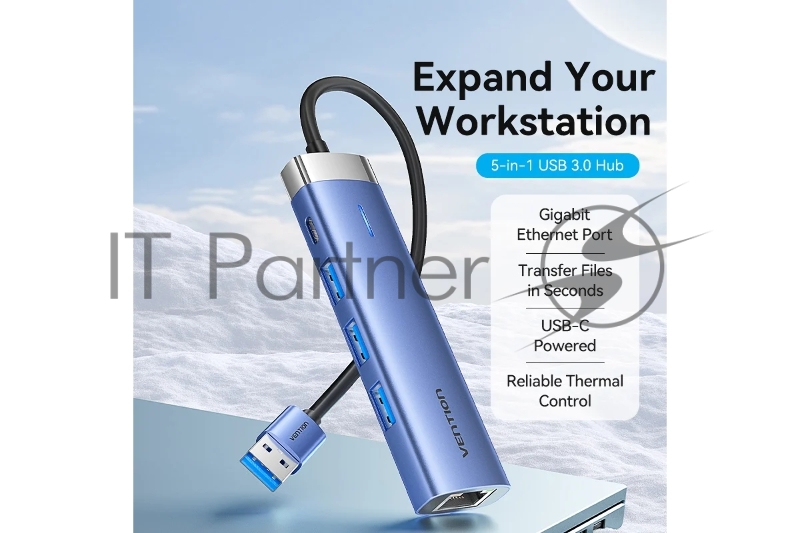 Сетевой адаптер Vention USB 3.0 M/Gigabit Ethernet RJ45+OTG хаб 3xUSB Синий - 0.15м.