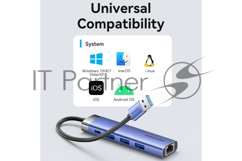 Сетевой адаптер Vention USB 3.0 M/Gigabit Ethernet RJ45+OTG хаб 3xUSB Синий - 0.15м.