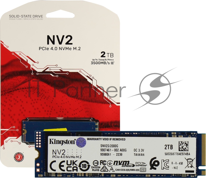Накопитель SSD Kingston 2Tb NV2, M.2(22x80mm), NVMe, PCIe 4.0 x4, 3D TLC, R/W 3500/2800MB/s, TBW 640, DWPD 0.3 (3 года)