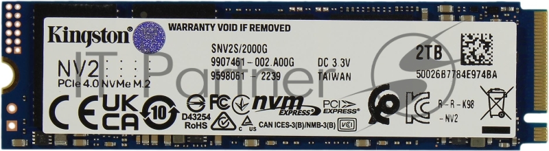 Накопитель SSD Kingston 2Tb NV2, M.2(22x80mm), NVMe, PCIe 4.0 x4, 3D TLC, R/W 3500/2800MB/s, TBW 640, DWPD 0.3 (3 года)