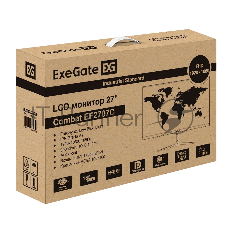 Монитор игровой 165 Гц 27 ExeGate Combat EF2707C (IPS LED Grade A+, FHD, 1920x1080@165Гц, 16:9, 300cd/m2, 1000:1, 178°/178°, 1ms, HDMI, DisplayPort, аудио-выход, Flicker-free, FreeSync, Low Blue Light, кабель HDMI 1.5м, VESA, регулировка наклона экра