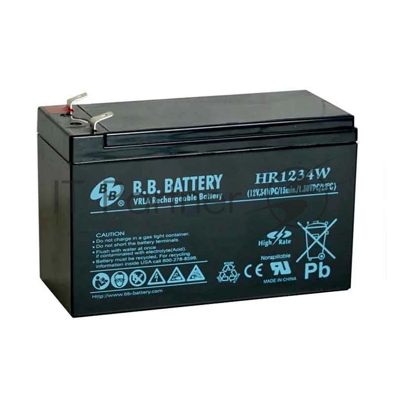 Батарея B.B. Battery серия HR, HR1234W, напряжение 12В, емкость 9Ач (разряд 20 часов), емкость 7Ач (разряд 10 часов), макс. ток разряда (5 сек.) 105А, макс. ток заряда 2.1A, свинцово-кислотная типа AGM, клеммы Т2, ДxШxВ 151x65x100мм., вес 2.5кг., сро