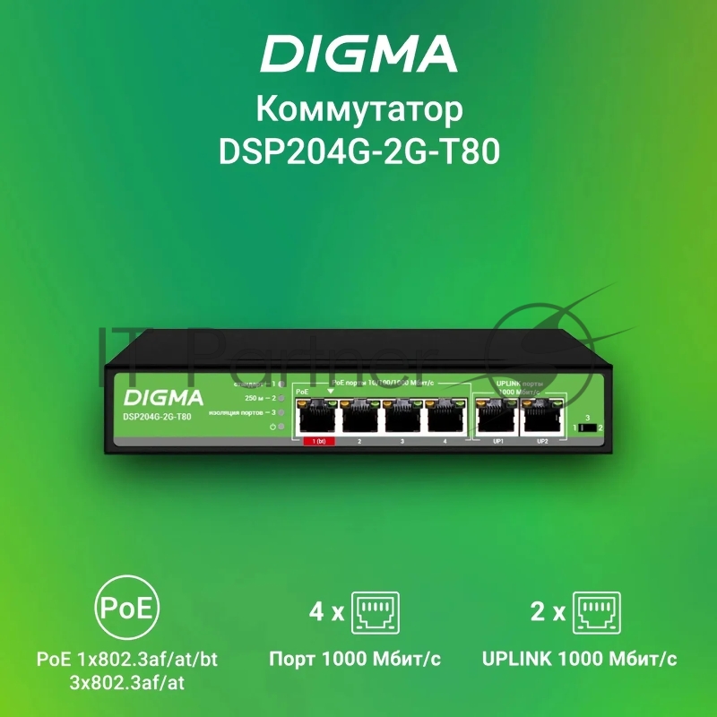 Коммутатор Digma DSP204G-2G-T80 (L2) 6x1Гбит/с 4PoE 4PoE+ 1PoE++ 80W неуправляемый