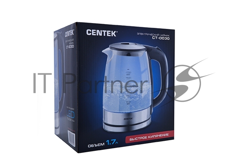 Чайник Centek CT-0030 черный стекло 1.7л, 2200Вт, внутр. LED подсветка,защита от вкл б/воды