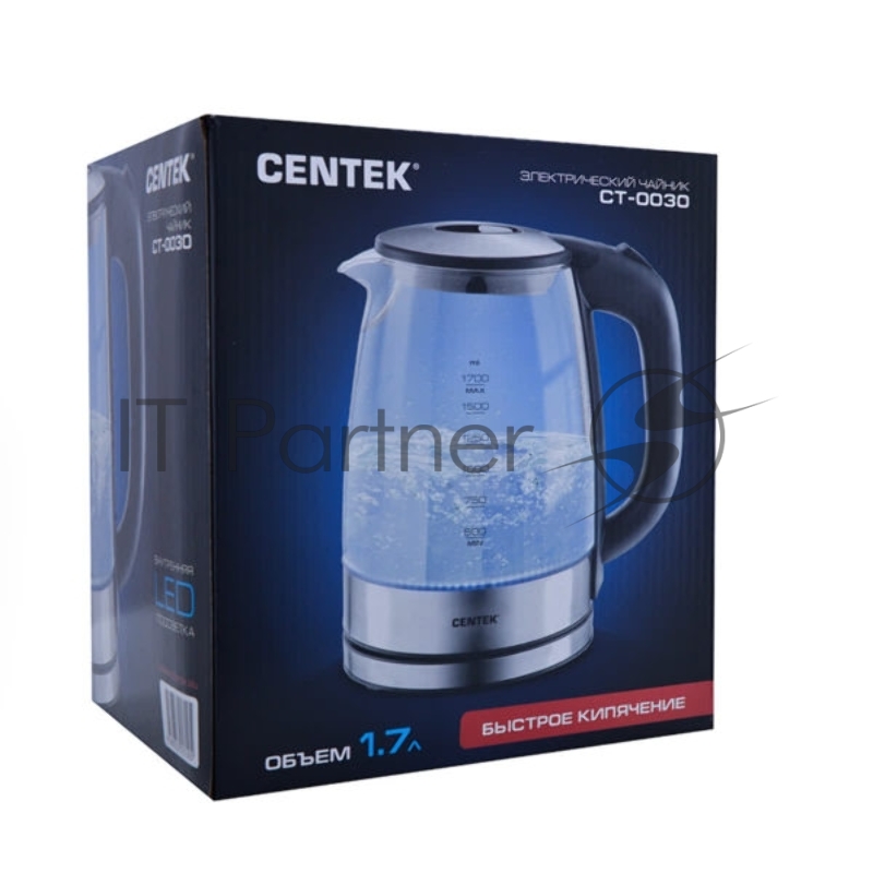Чайник Centek CT-0030 стекло 1.7л, 2200Вт, внутр. LED подсветка,защита от вкл б/воды