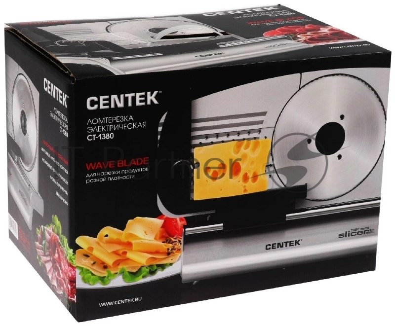Ломтерезка Centek CT-1380 (сереб) <150 Вт> толщина нарезки 3-15мм, держатель крайнего ломтика