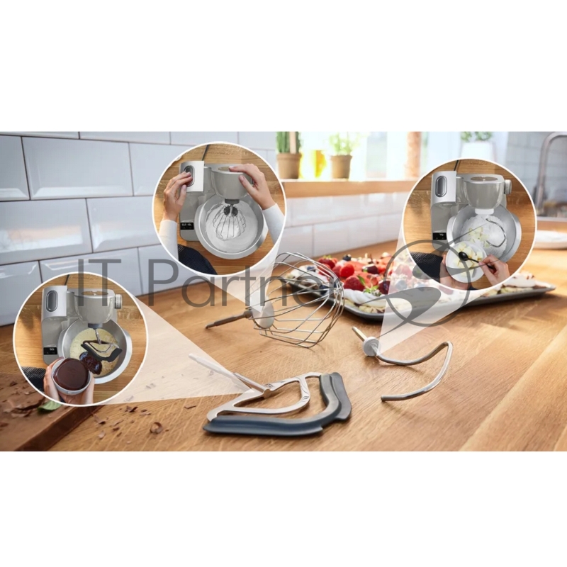 Кухонный комбайн Bosch/ Кухонный комбайн Bosch, мощность 1000 Вт, плавный пуск, 7 скоростей, импульсный режим, объем чаши 3.9 л, планетарное вращение, встроенные весы, встроенный таймер, крюк для теста, венчик для взбивания, венчик для замешивания,