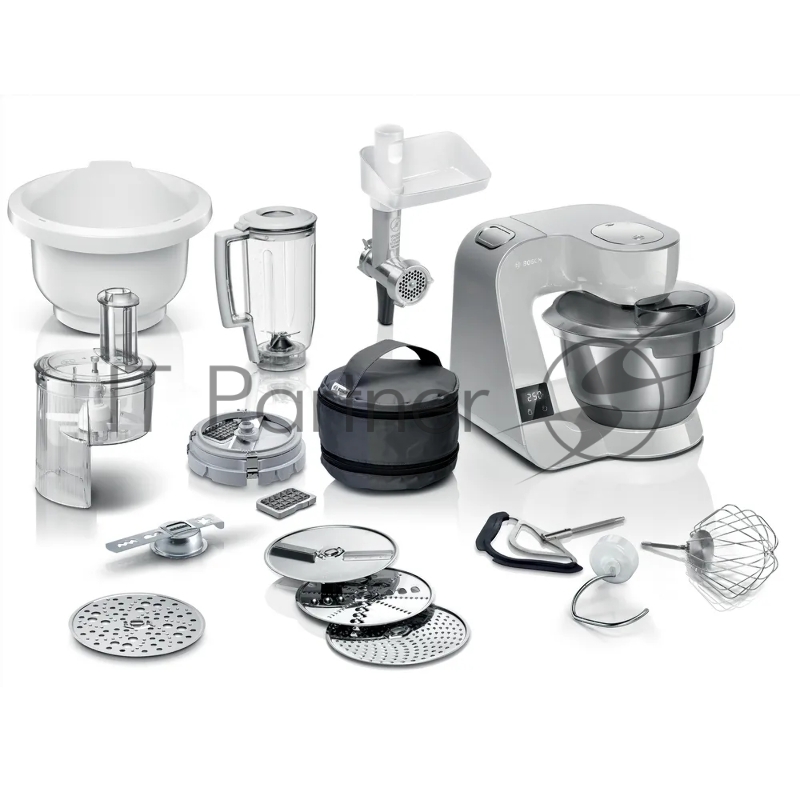 Кухонный комбайн Bosch/ Кухонный комбайн Bosch, мощность 1000 Вт, плавный пуск, 7 скоростей, импульсный режим, объем чаши 3.9 л, планетарное вращение, встроенные весы, встроенный таймер, крюк для теста, венчик для взбивания, венчик для замешивания,