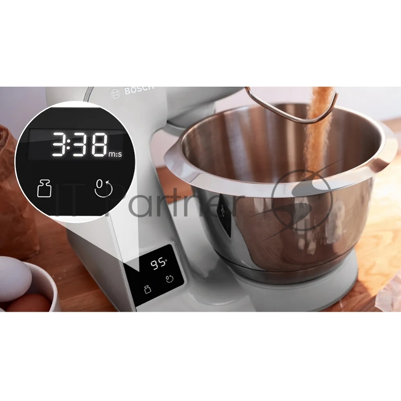 Кухонный комбайн Bosch/ Кухонный комбайн Bosch, мощность 1000 Вт, плавный пуск, 7 скоростей, импульсный режим, объем чаши 3.9 л, планетарное вращение, встроенные весы, встроенный таймер, крюк для теста, венчик для взбивания, венчик для замешивания,