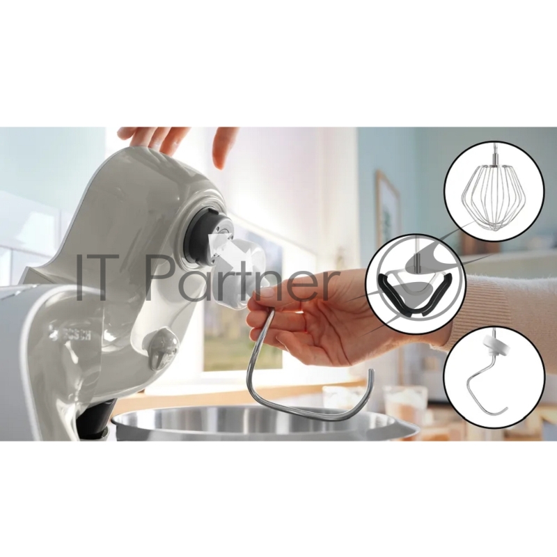 Кухонный комбайн Bosch/ Кухонный комбайн Bosch, мощность 1000 Вт, плавный пуск, 7 скоростей, импульсный режим, объем чаши 3.9 л, планетарное вращение, встроенные весы, встроенный таймер, крюк для теста, венчик для взбивания, венчик для замешивания,