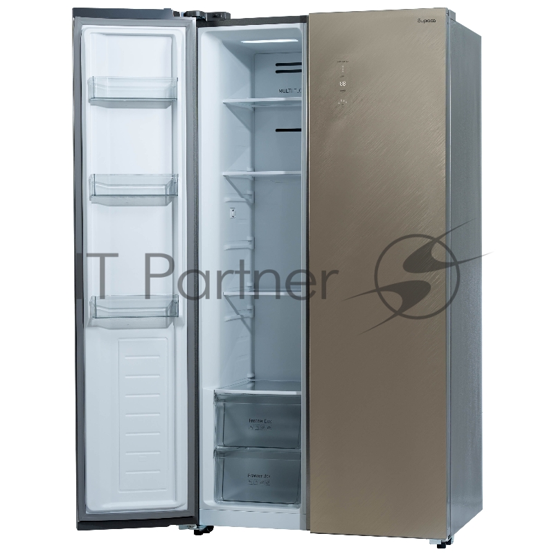 Холодильник BIRYUSA SBS 541 TGG, Текстурированное бежевое стекло 343/198л, Side-by-side