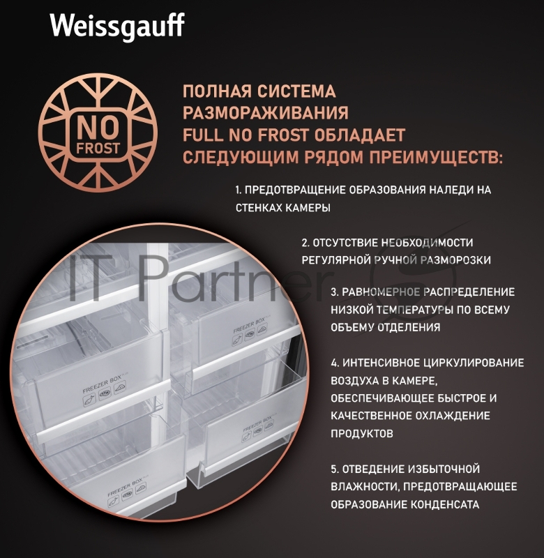 Холодильник WEISSGAUFF WCD 450 INOX GLASS, Нержавеющая сталь, 286/141л, Side-by-Side