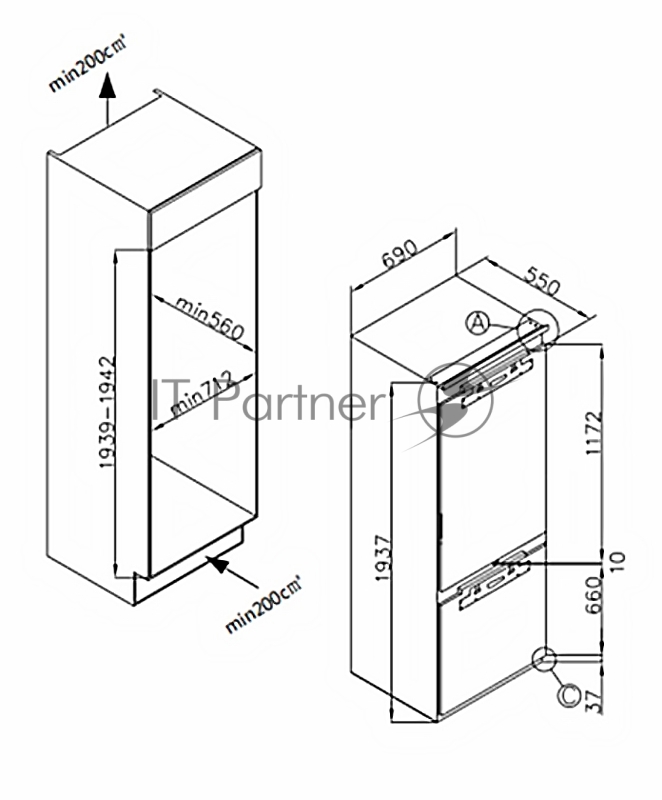 Холодильник WEISSGAUFF WRKI 1970 INV. INOX встраиваемый, нержавеющая сталь, 341л, морозилка снизу