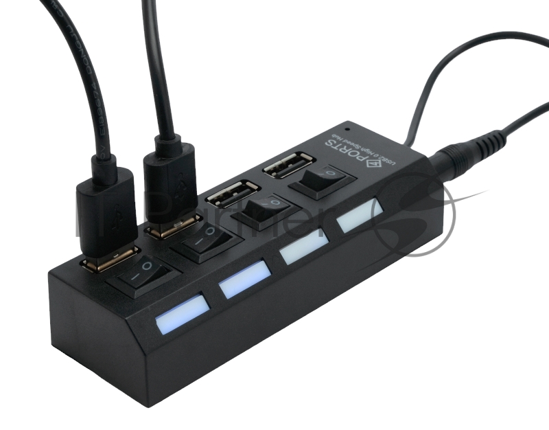 Разветвитель USB2.0 Gembird 4xUSB, блок питания 2А, подсветка и выкл, кабель USB 55см, черный (UHB-U2P4-02A)