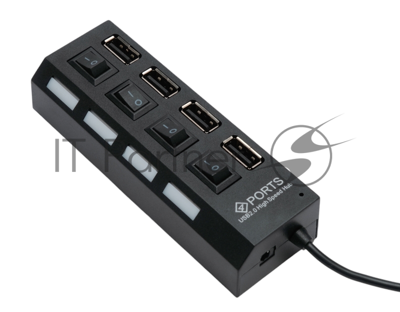 Разветвитель USB2.0 Gembird 4xUSB, блок питания 2А, подсветка и выкл, кабель USB 55см, черный (UHB-U2P4-02A)