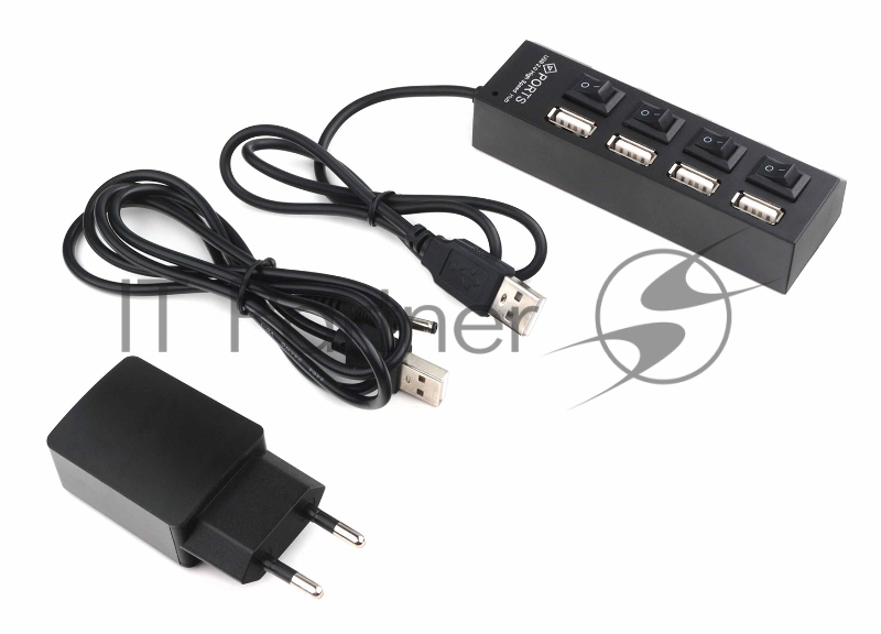 Разветвитель USB2.0 Gembird 4xUSB, блок питания 2А, подсветка и выкл, кабель USB 55см, черный (UHB-U2P4-02A)