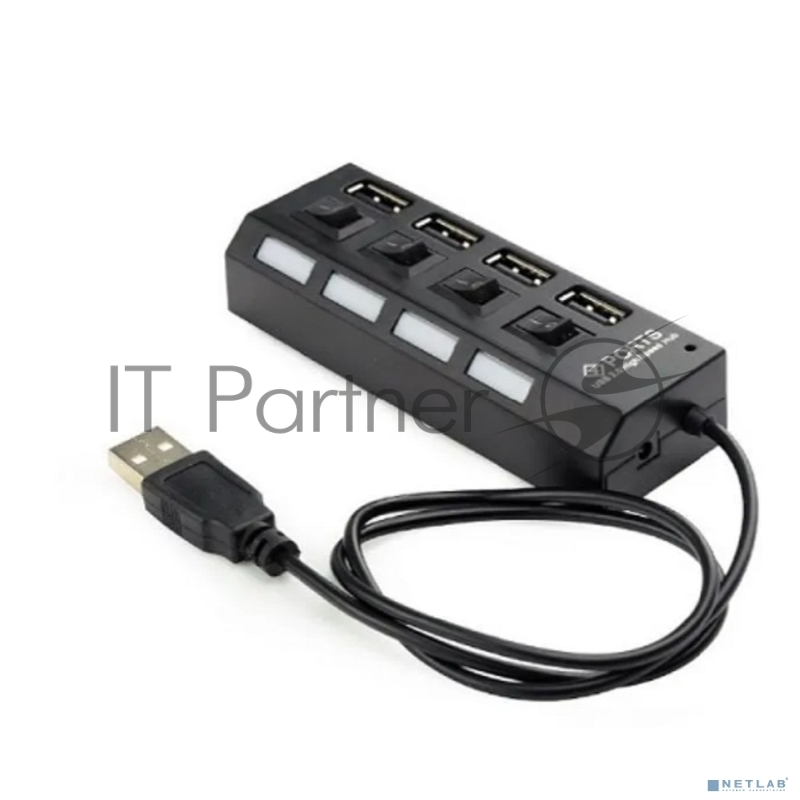 Разветвитель USB2.0 Gembird 4xUSB, блок питания 2А, подсветка и выкл, кабель USB 55см, черный (UHB-U2P4-02A)