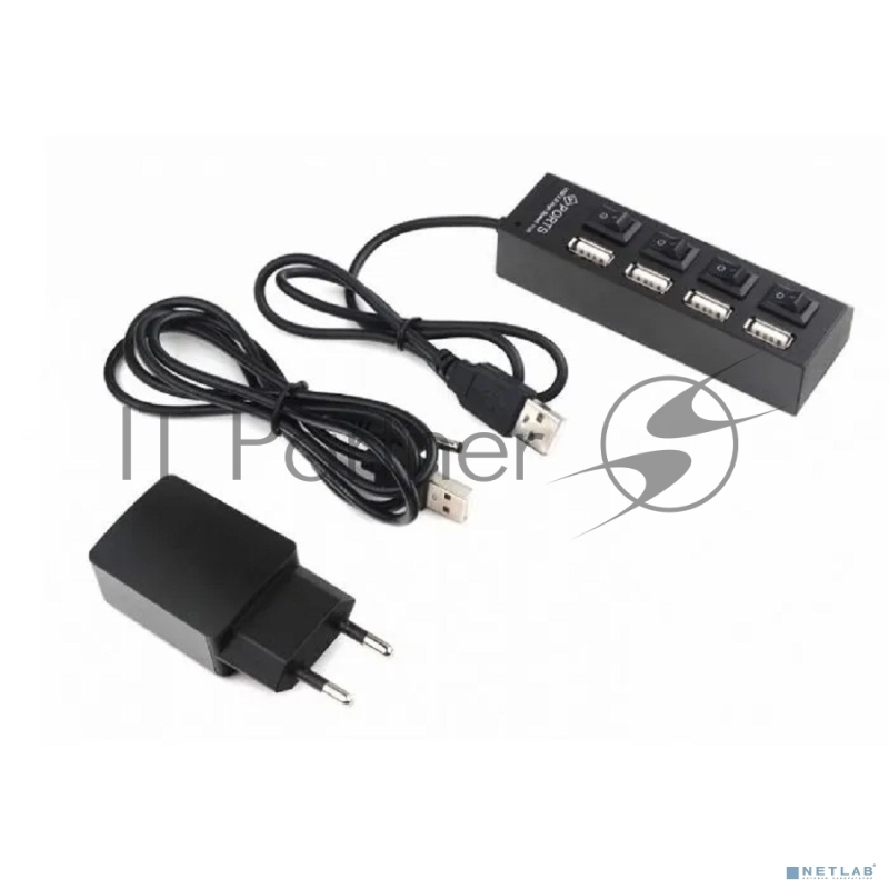 Разветвитель USB2.0 Gembird 4xUSB, блок питания 2А, подсветка и выкл, кабель USB 55см, черный (UHB-U2P4-02A)