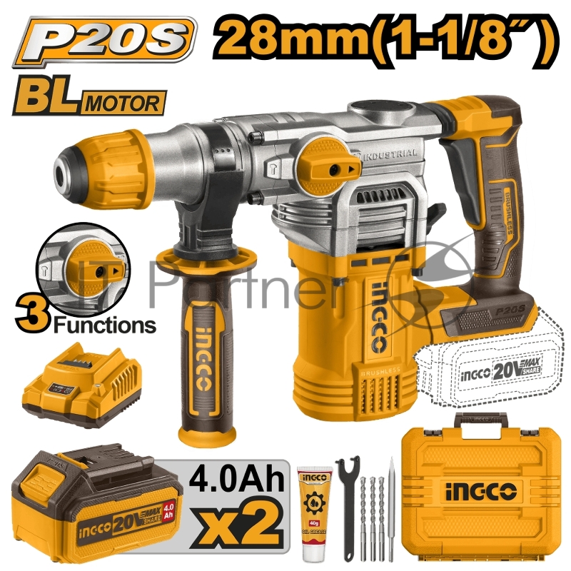 Аккумуляторный перфоратор BL 20В, 4,5Дж 2хАКБ 4Ач и ЗУ SUPER INGCO CRHLI202882