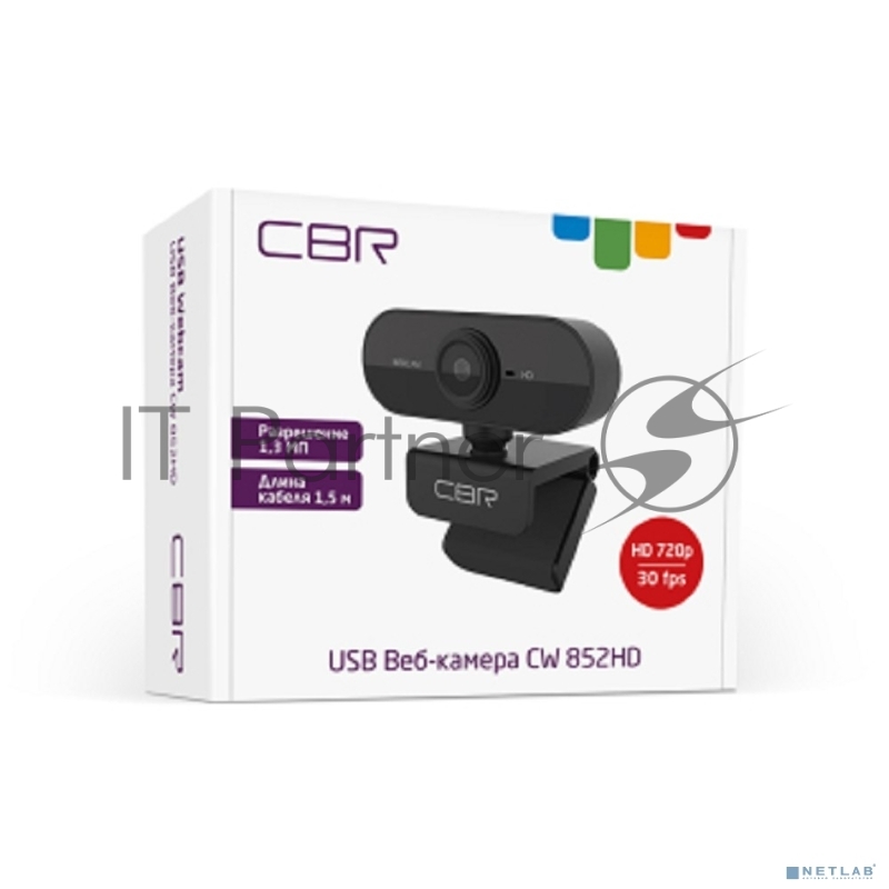Веб-камера CBR CW 852HD Black с матрицей 1,3 МП, разрешение видео 1280х720, USB 2.0, встроенный микрофон с шумоподавлением, фикс.фокус, крепление на мониторе, длина кабеля 1,5 м, цвет чёрный