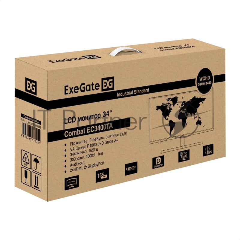 Монитор изогнутый игровой 165 Гц 34 ExeGate Combat EC3400TA (VA Curved R1800 LED Grade A+, UltraWide QHD 3440x1440@165Гц, 21:9, 300cd/m2, 4000:1, 178°/178°, 1ms, 2xHDMI2.0, 2xDisplayPort, audio-out, RGB-подсветка, Flicker-free, FreeSync, Low Blue Lig