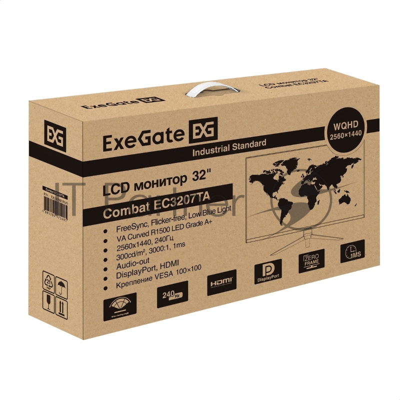 Монитор изогнутый игровой 240 Гц 31.5 ExeGate Combat EC3207TA (VA Curved R1500 LED Grade A+, 2K, 2560x1440@240Гц (WQHD), 16:9, 300cd/m2, 3000:1, 178°/178°, 1ms, HDMI2.0, 2xDisplayPort, USB, audio-out, RGB-подсветка, Flicker-free, FreeSync, Low Blue L
