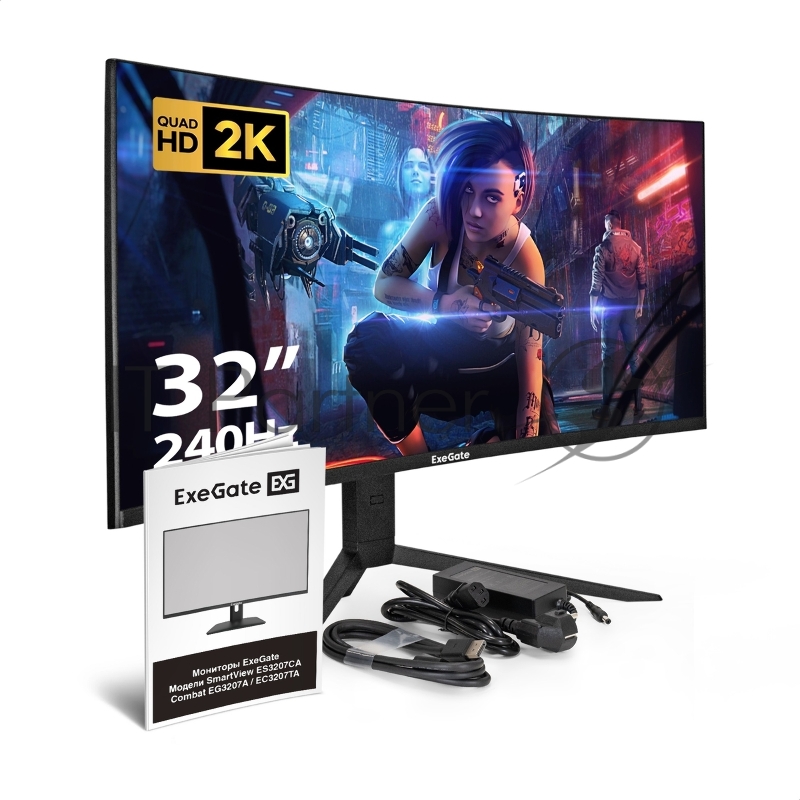 Монитор изогнутый игровой 240 Гц 31.5 ExeGate Combat EC3207TA (VA Curved R1500 LED Grade A+, 2K, 2560x1440@240Гц (WQHD), 16:9, 300cd/m2, 3000:1, 178°/178°, 1ms, HDMI2.0, 2xDisplayPort, USB, audio-out, RGB-подсветка, Flicker-free, FreeSync, Low Blue L