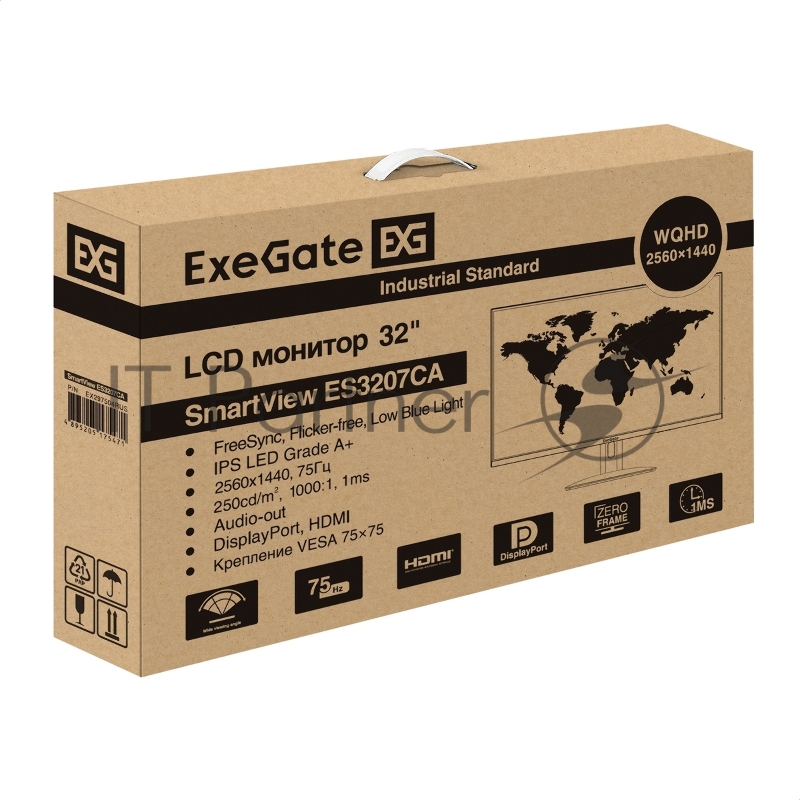 Монитор безрамочный с аудио выходом 31.5 ExeGate SmartView ES3207CA (IPS LED Grade A+, 2K, 2560x1440@75Гц (WQHD), 16:9, 250cd/m2, 1000:1, 178°/178°, 1ms, HDMI, 2xDisplayPort, USB, audio-out, Flicker-free, FreeSync, Low Blue Light, кабель HDMI 1.5м, V