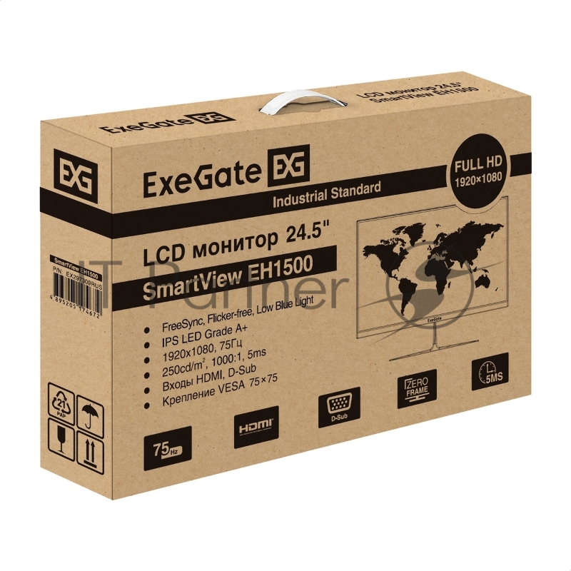 Монитор безрамочный 24.5 ExeGate SmartView EH1500 (IPS LED Grade A+, FHD, 1920x1080@75Гц, 16:9, 250cd/m2, 1000:1, 178°/178°, 5ms, D-Sub, HDMI, Flicker-free, FreeSync, Low Blue Light, кабель HDMI 1.5м, VESA 75x75, регулировка наклона (tilt), черный)