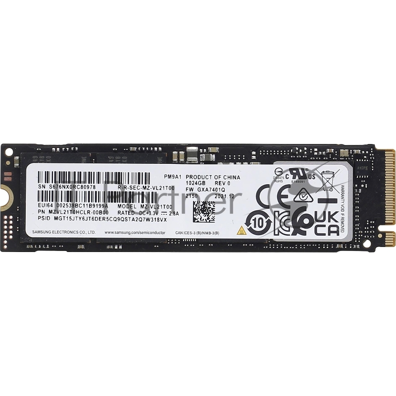 Накопитель SSD M.2 Samsung 1.0Tb PM9A1 <MZVL21T0HCLR-00B00> OEM (PCI-E 4.0 x4, up to 7000/5100MBs, 800000 IOPs, 3D NAND, 22х80mm)