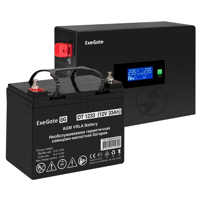 Комплект ИБП EX295993RUS + батарея 33Aч EX282974RUS 1шт (инвертор, синус, для котла, PF=1, настенный) ExeGate IdealSine SR-1000.LCD.2SH <1000VA/1000W, чистая синусоида, цветной LCD-дисплей, 2*Schuko, крепление настенное, Black> + батарея ExeGate DT 1