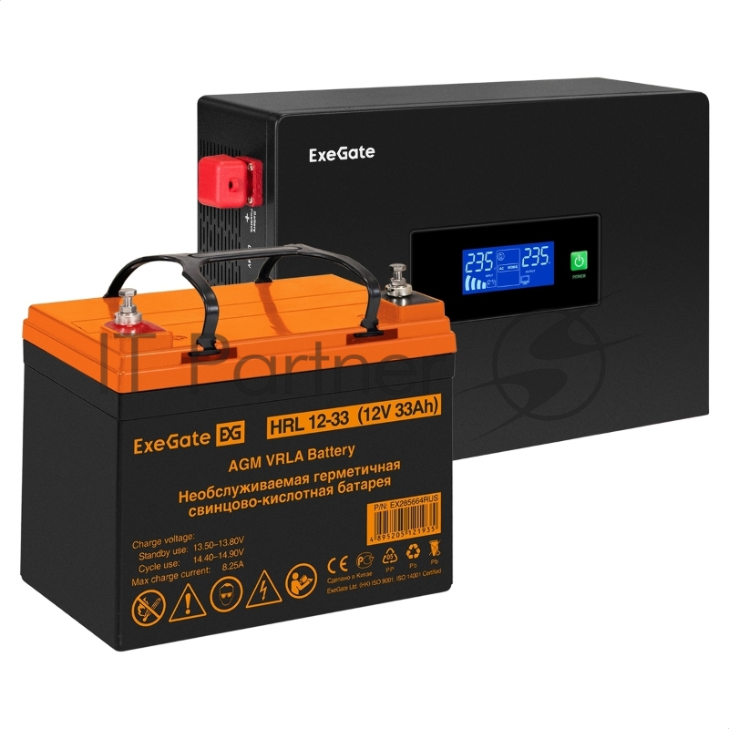 Комплект ИБП EX295993RUS + батарея 33Aч EX285664RUS 1шт (инвертор, синус, для котла, PF=1, настенный) ExeGate IdealSine SR-1000.LCD.2SH <1000VA/1000W, чистая синусоида, цветной LCD-дисплей, 2*Schuko, крепление настенное, Black> + батарея ExeGate HRL