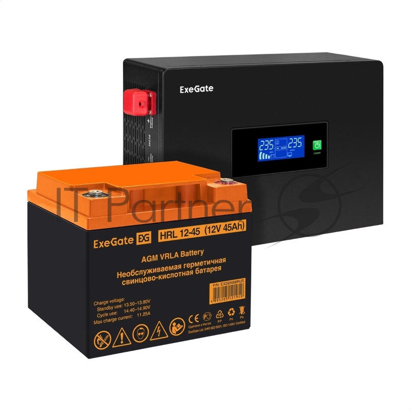 Комплект ИБП EX295993RUS + батарея 45Aч EX285666RUS 1шт (инвертор, синус, для котла, PF=1, настенный) ExeGate IdealSine SR-1000.LCD.2SH <1000VA/1000W, чистая синусоида, цветной LCD-дисплей, 2*Schuko, крепление настенное, Black> + батарея ExeGate HRL