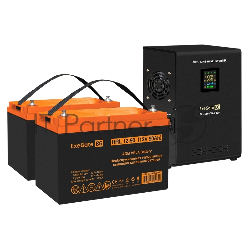 Комплект ИБП EX296001RUS + батарея 90Aч EX285655RUS 2шт (инвертор, синус, для котла, настенный) ExeGate FineSine SX-2000.LCD.AVR.2SH <2000VA/1400W, чистая синусоида, цветной LCD-дисплей, AVR, 2*Schuko, линейно-интерактивный, крепление настенное/униве