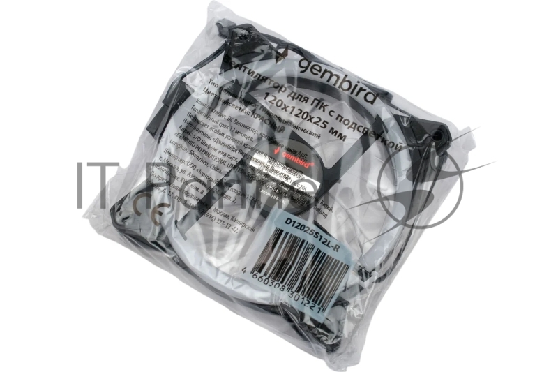 Вентилятор Gembird D12025S12L-R, с подсветкой, 120x120x25, гидродин., 3pin/4pin Molex. провод 35см, красный