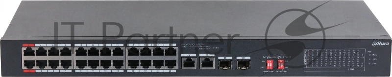 Неуправляемый 24-портовый коммутатор DAHUA DH-S3226-24ET-240 с РоЕ, 24xRJ45 100Mb PoE, 2хКомбо SFP/RJ45 1Gb uplink, суммарно 240Вт, коммутация 8.8 Гбит/с, MAC-таблица 8К