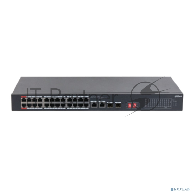Неуправляемый 24-портовый коммутатор DAHUA DH-S3226-24ET-240 с РоЕ, 24xRJ45 100Mb PoE, 2хКомбо SFP/RJ45 1Gb uplink, суммарно 240Вт, коммутация 8.8 Гбит/с, MAC-таблица 8К