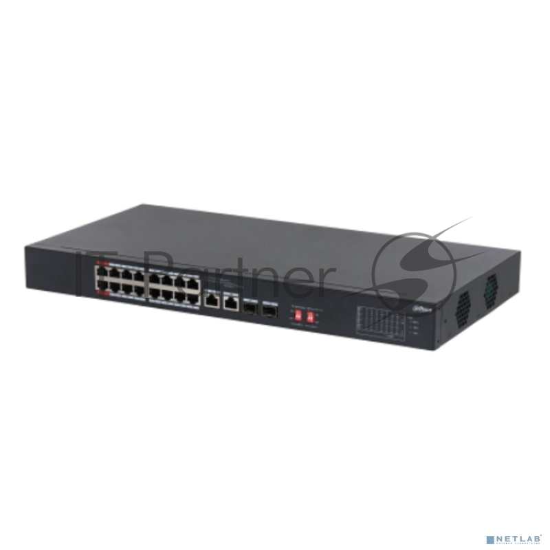 Неуправляемый 16-портовый коммутатор DAHUA DH-S3218-16ET-135 с РоЕ, 16xRJ45 100Mb, 2хКомбо SFP/RJ45 1Gb uplink, суммарно до 135Вт, коммутация 7.2 Гбит/с, MAC-таблица 8К