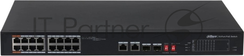 Неуправляемый 16-портовый коммутатор DAHUA DH-S3218-16ET-135 с РоЕ, 16xRJ45 100Mb, 2хКомбо SFP/RJ45 1Gb uplink, суммарно до 135Вт, коммутация 7.2 Гбит/с, MAC-таблица 8К