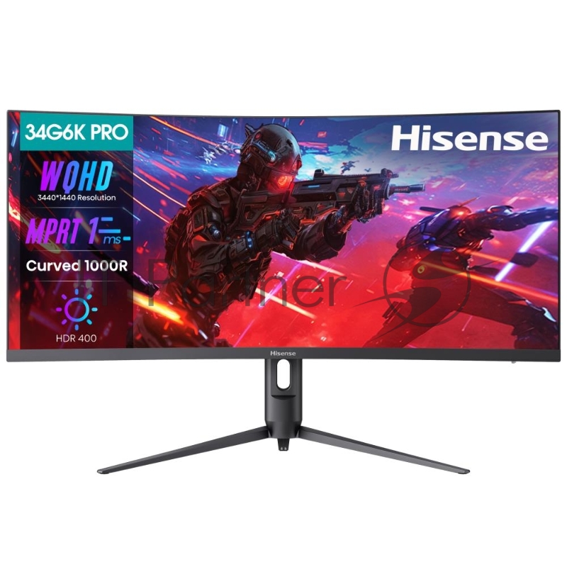 Mонитор 34 Hisense 34G6K-PRO VA 3440x1440, 180 Гц, 1 мс, 21:9, 400 кд/м2, 2хHDMI, 1хDP, изогнутый, черный