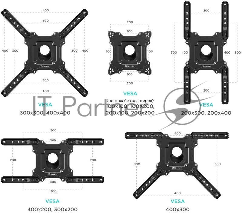 Кронштейн ONKRON Кронштейн ONKRON/ 32-55 макс. 400*400, 2 колена, наклон -5º+8º, поворот 180º макс, от стены 55-500мм, белый
