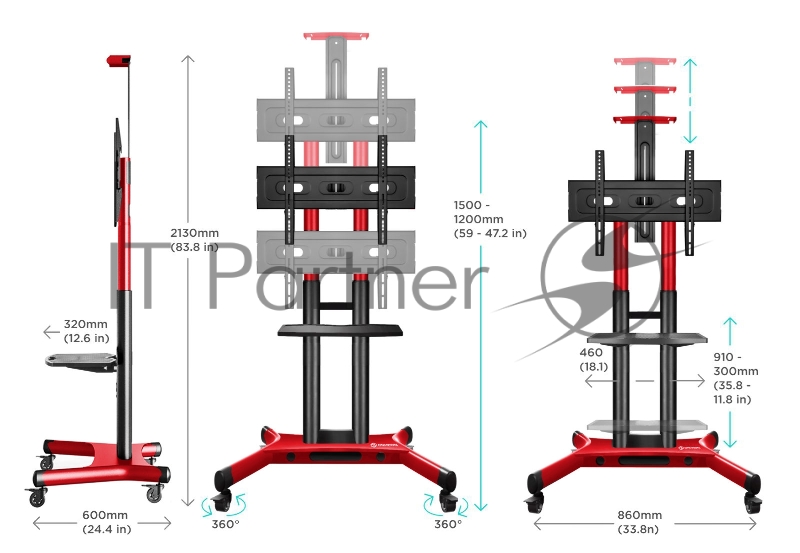 Стойка для телевизора с кронштейном ONKRON TS1551 40-70, мобильная, красная
