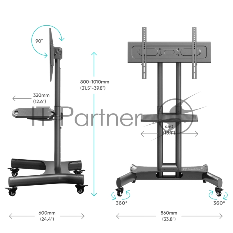 Cтойка для телевизора с кронштейном ONKRON 32-70, мобильная, чёрная TS1350